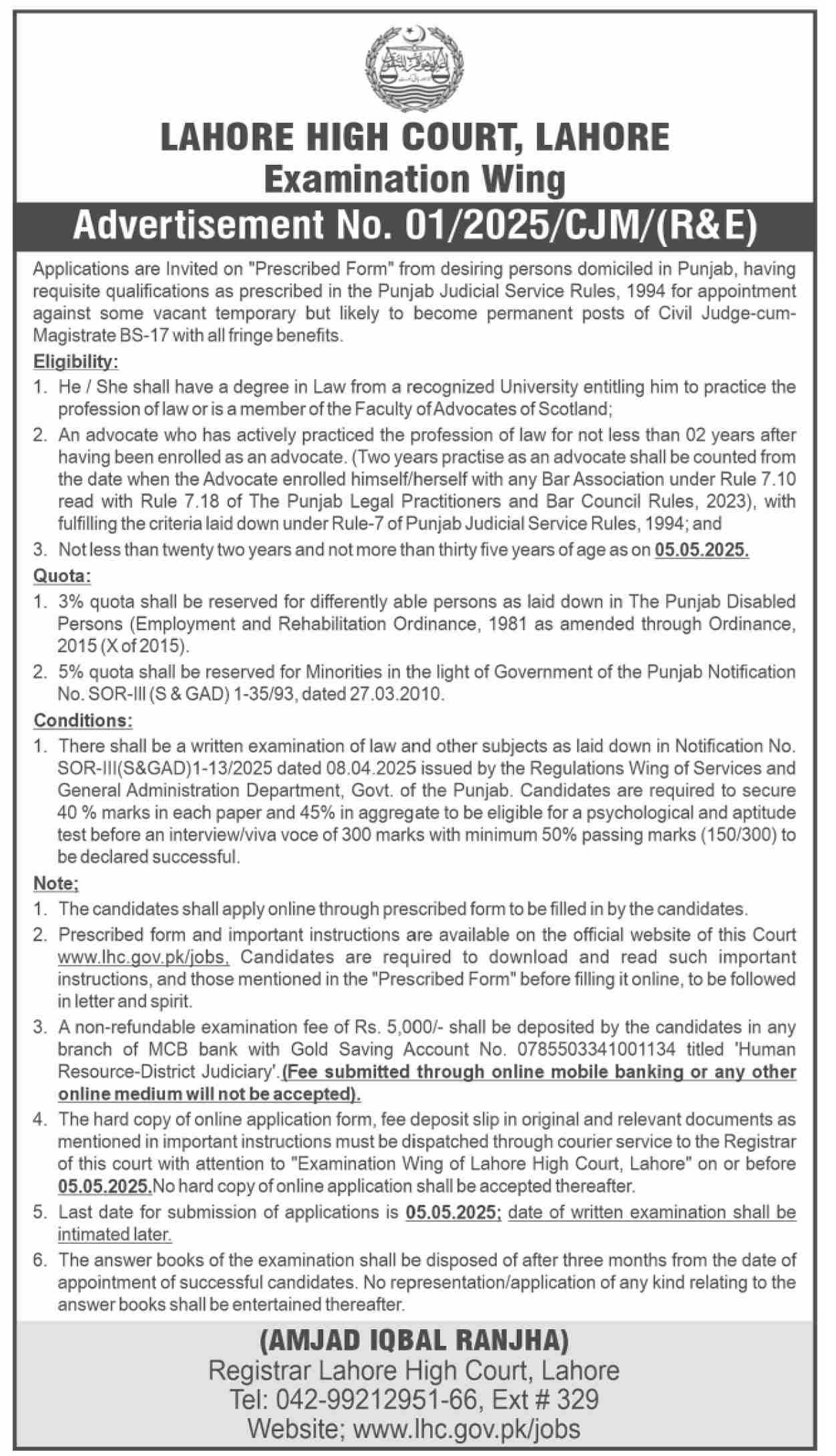 Lahore High Court Latest Govt Jobs 2025