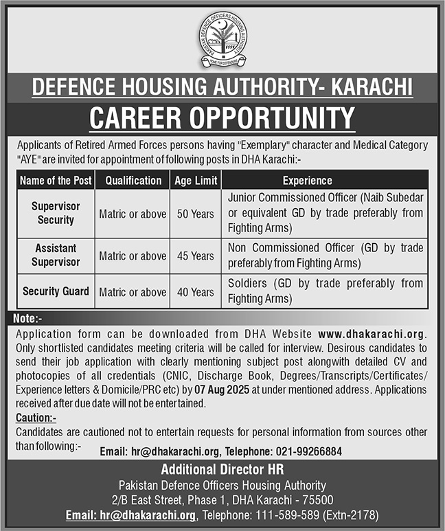 Defence Housing Authority DHA Karachi Jobs 2025