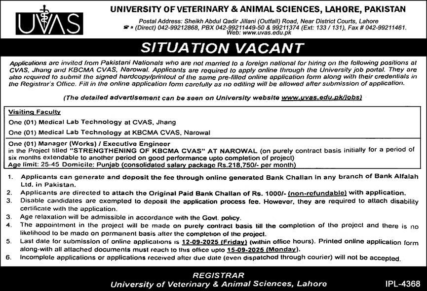 Faculty Jobs At University Of Veterinary & Animal Sciences 2025