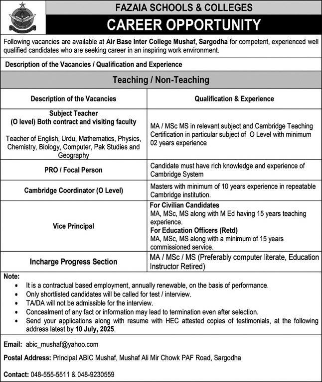 Fazaia Schools and Colleges Teaching Post in Air Base Inter College Musaf Sargodha 2025