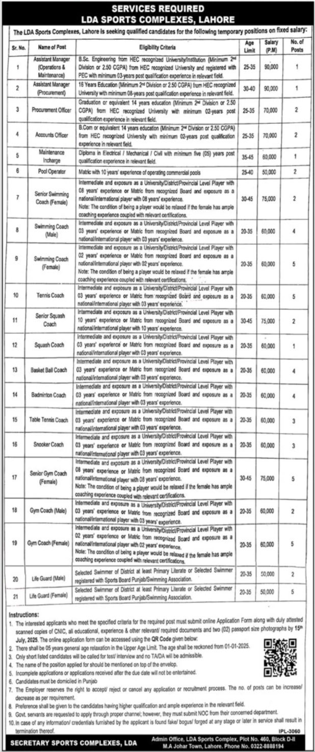 LDA Sports Complexes Lahore Jobs 2025