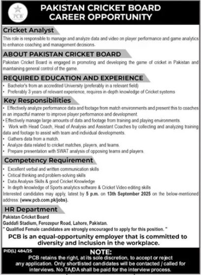 Pakistan Cricket Board PCB Lahore Job 2025 