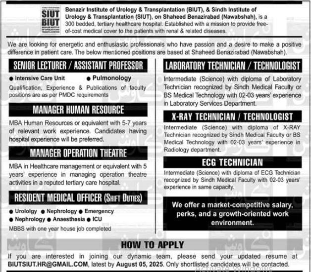 Sindh Institute Of Urology And Transplantation SIUT Nawabshah Jobs 2025