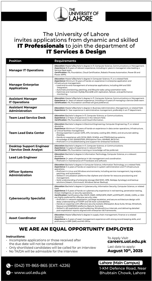 UOL Jobs July 2025 University of Lahore