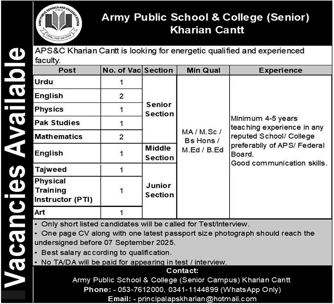 Army Public School & College APS&C Kharian Cantt Jobs 2025