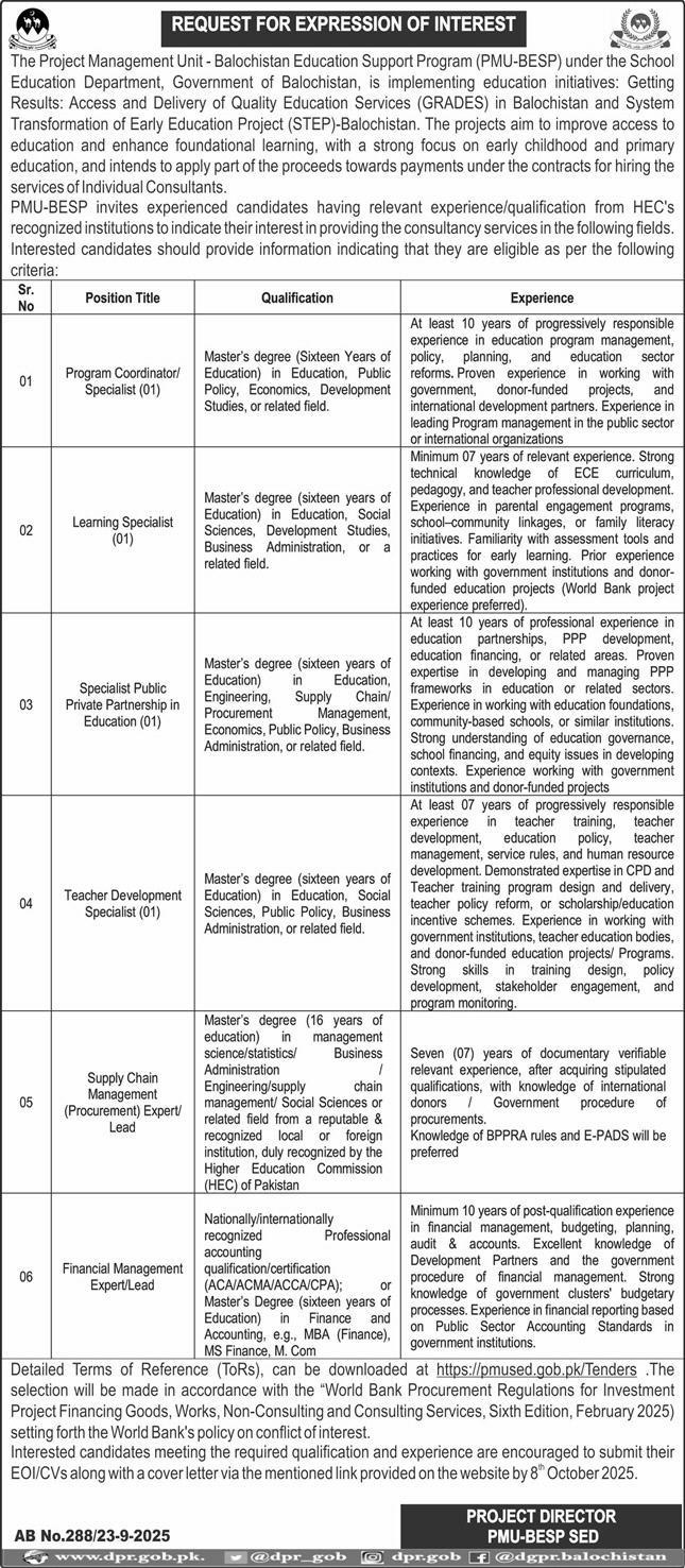 Balochistan Education Support Program PMU BESP Jobs 2025