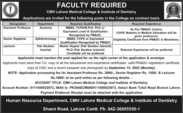 CMH Lahore Medical College Jobs 2025 
