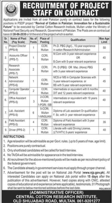 Central Cotton Research Institute Education Job September 2025