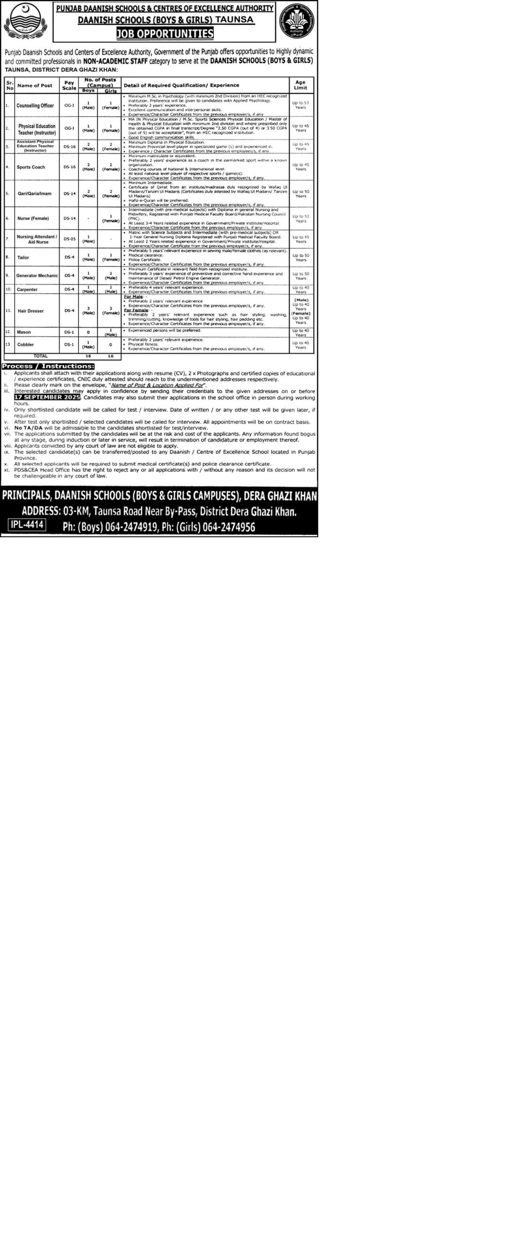 Daanish Schools Boys & Girls Taunsa Jobbs 2025 