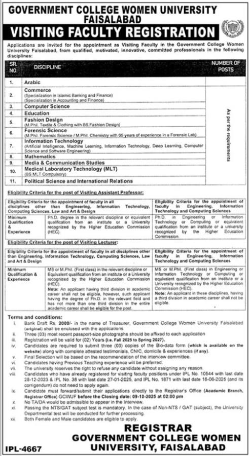 Government College Women University Faisalabad September 2025 for GCWUF Teaching Job