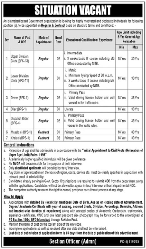 Government Organization Management Jobs Islamabad September 2025