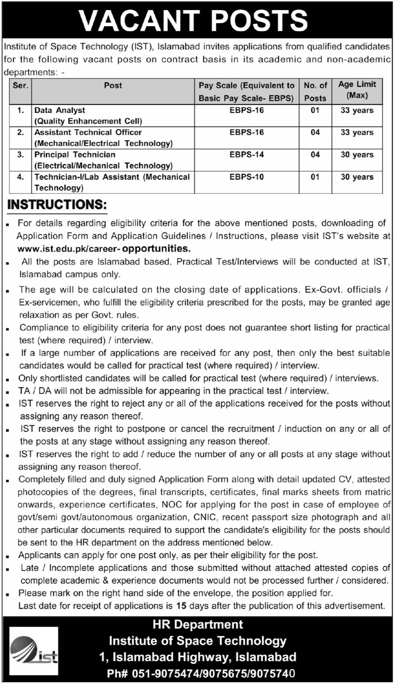 Institute Of Space Technology IST Islamabad Jobs Notice 2025 