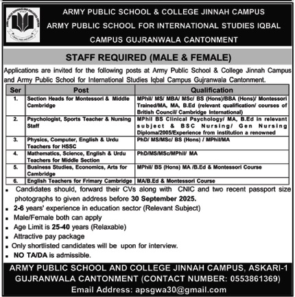 Job of Army Public School for International Education of September 2025