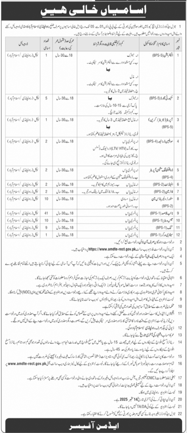Latest General Head Quarter GHQ Rawalpindi Jobs Notice