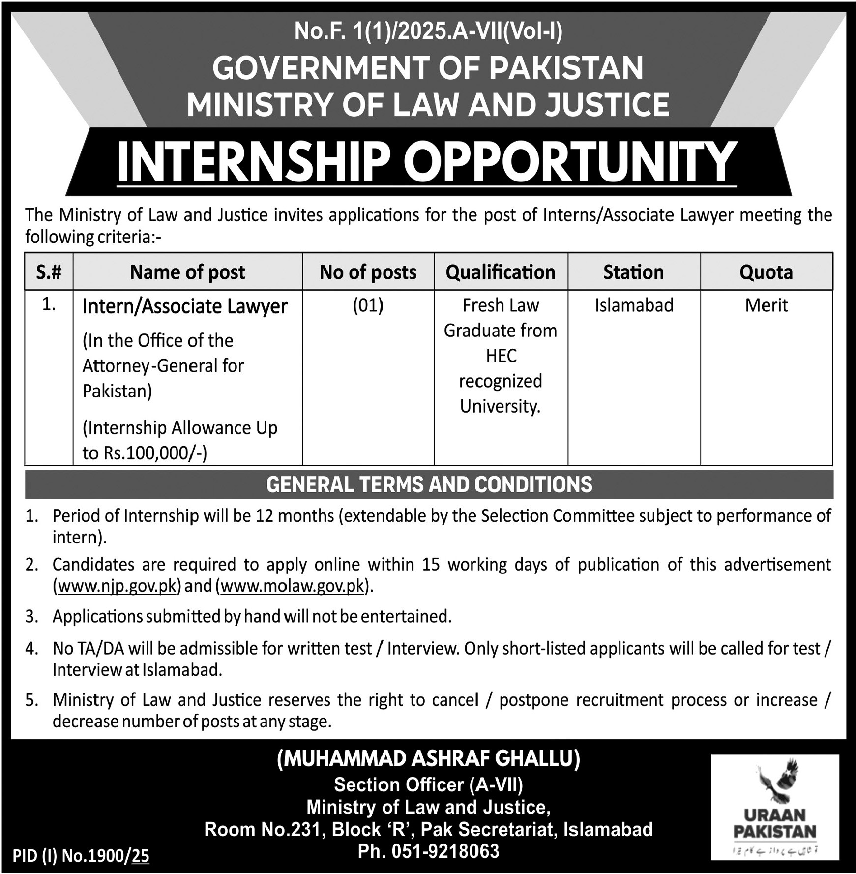 Latest Ministry Of Law And Justice Islamabad Jobs 2025 