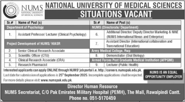 Latest National University Of Medical Sciences NUMS Jobs