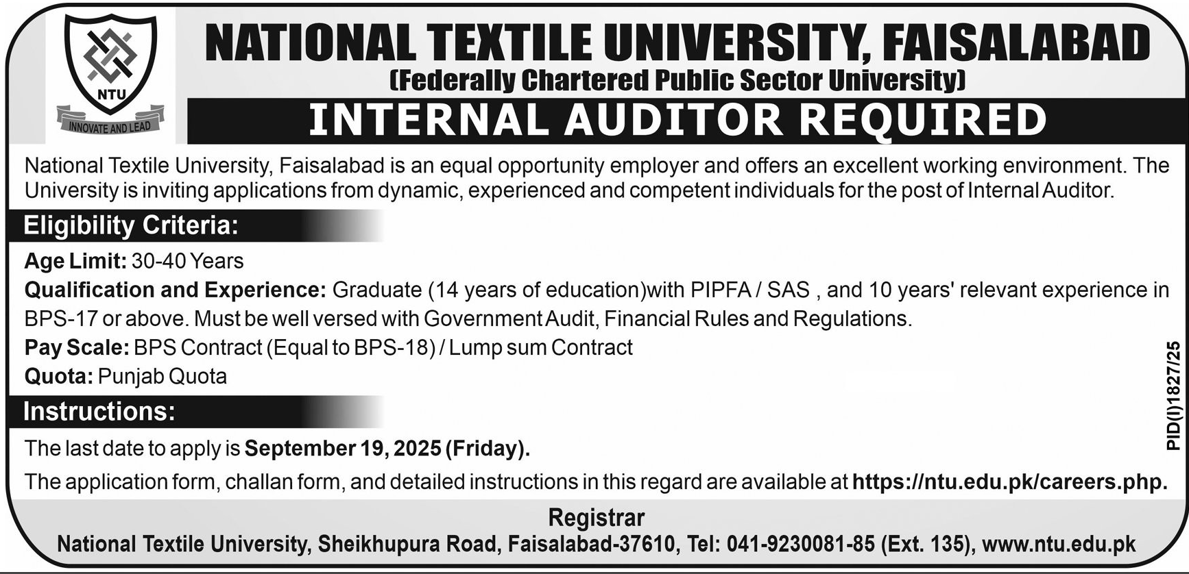 National Textile University Faisalabad Job 2025