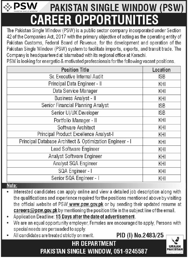 Pakistan Single Window (PSW) - SQA Engineer, Business Analyst, Software Engineer & Others