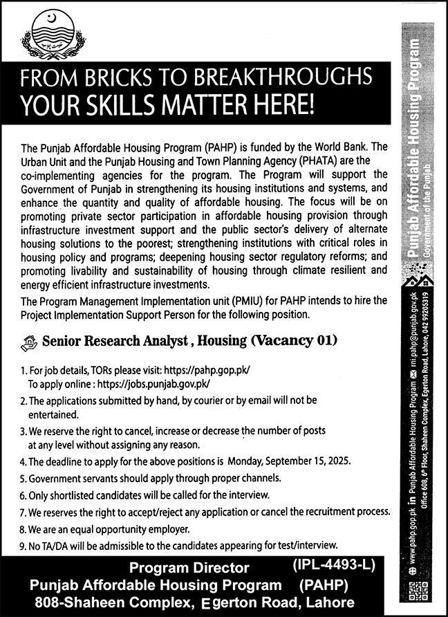 Punjab Affordable Housing Program PAHP Lahore Jobs 2025