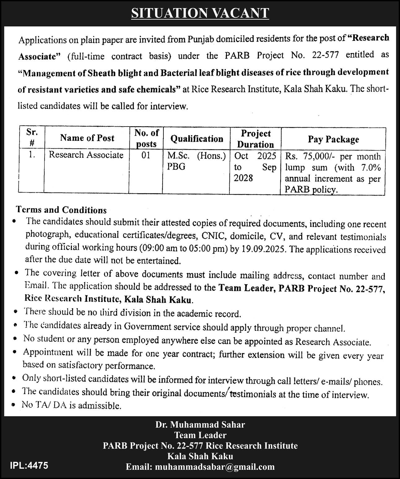 Punjab Agriculture Research Board PARB Kala Shah Kaku Job 
