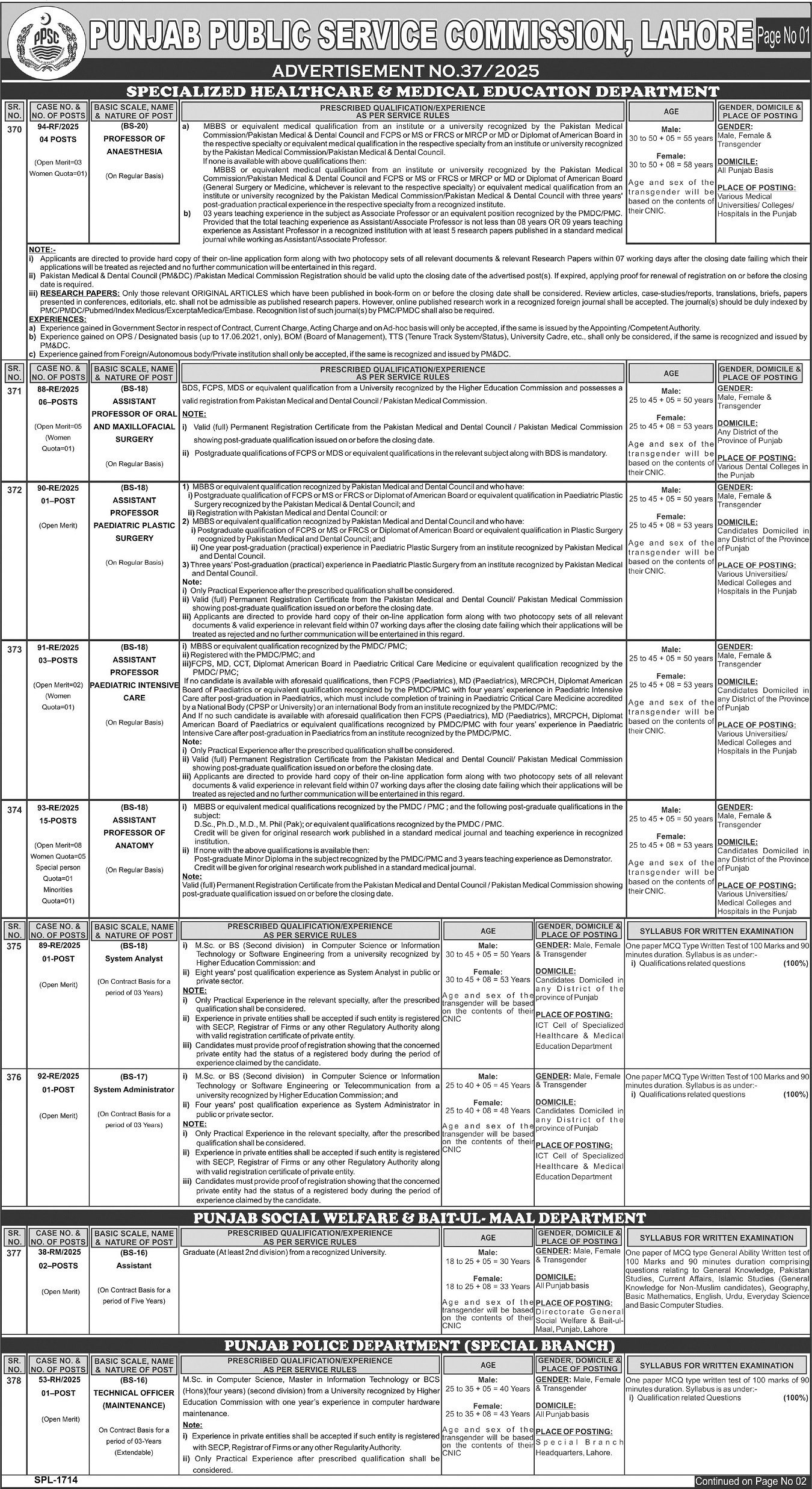 Punjab Job of Lahore Public Service Commission September 2025
