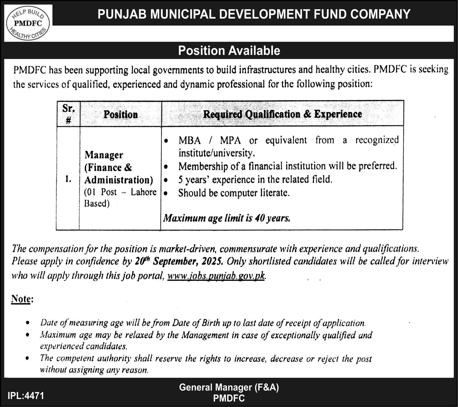 Punjab Municipal Development Fund Company PMDFC Lahore Job 