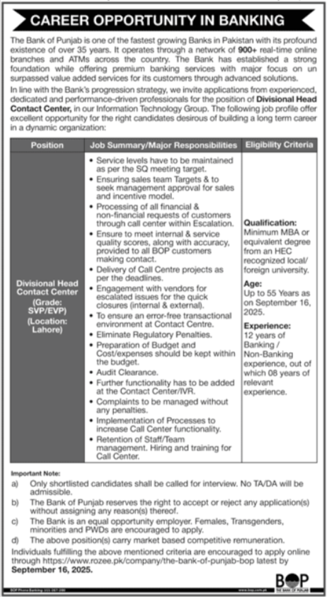 The Bank Of Punjab BOP Lahore Job Notice 2025