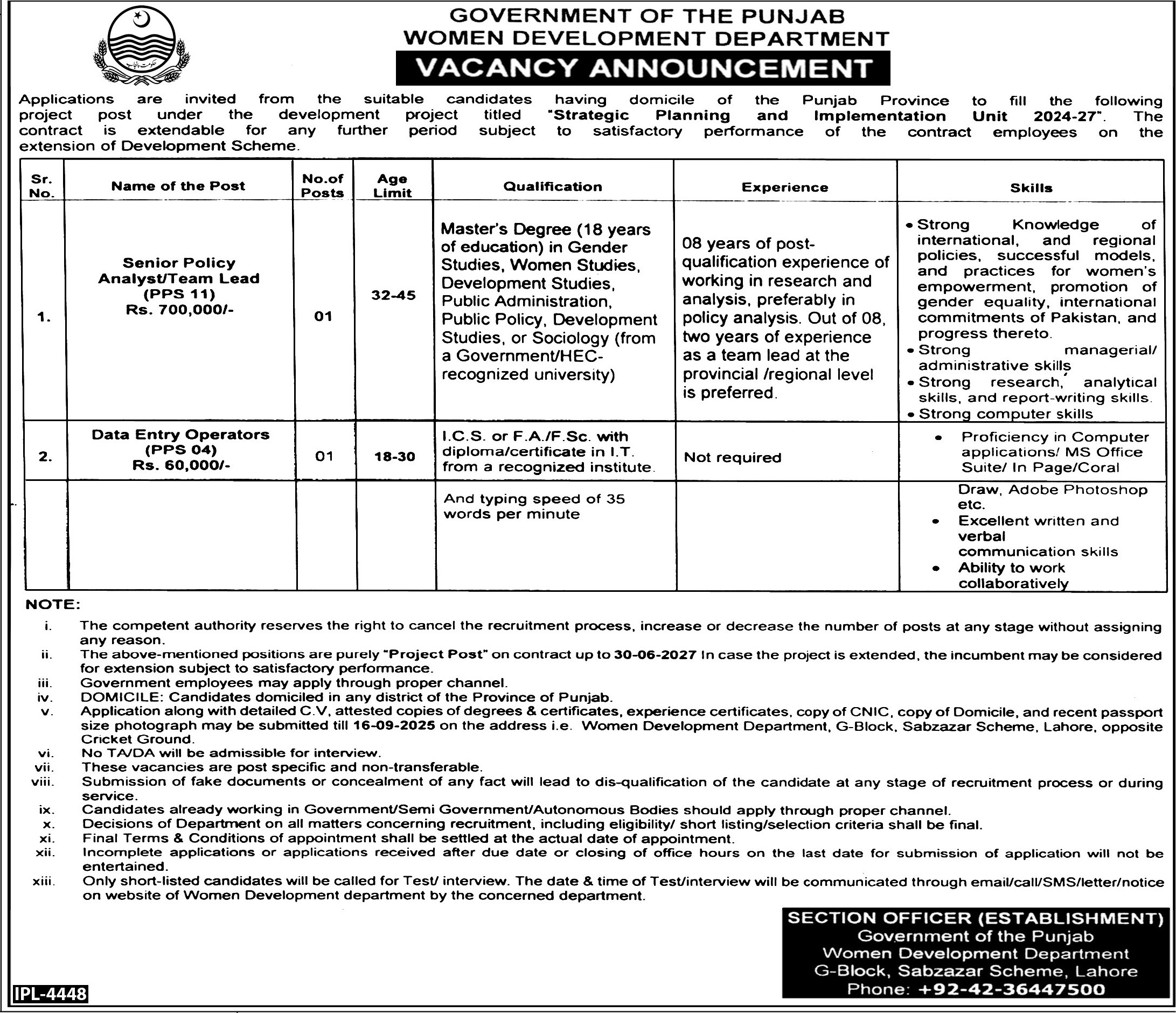 Latest Women Development Department Management Posts Lahore 2025