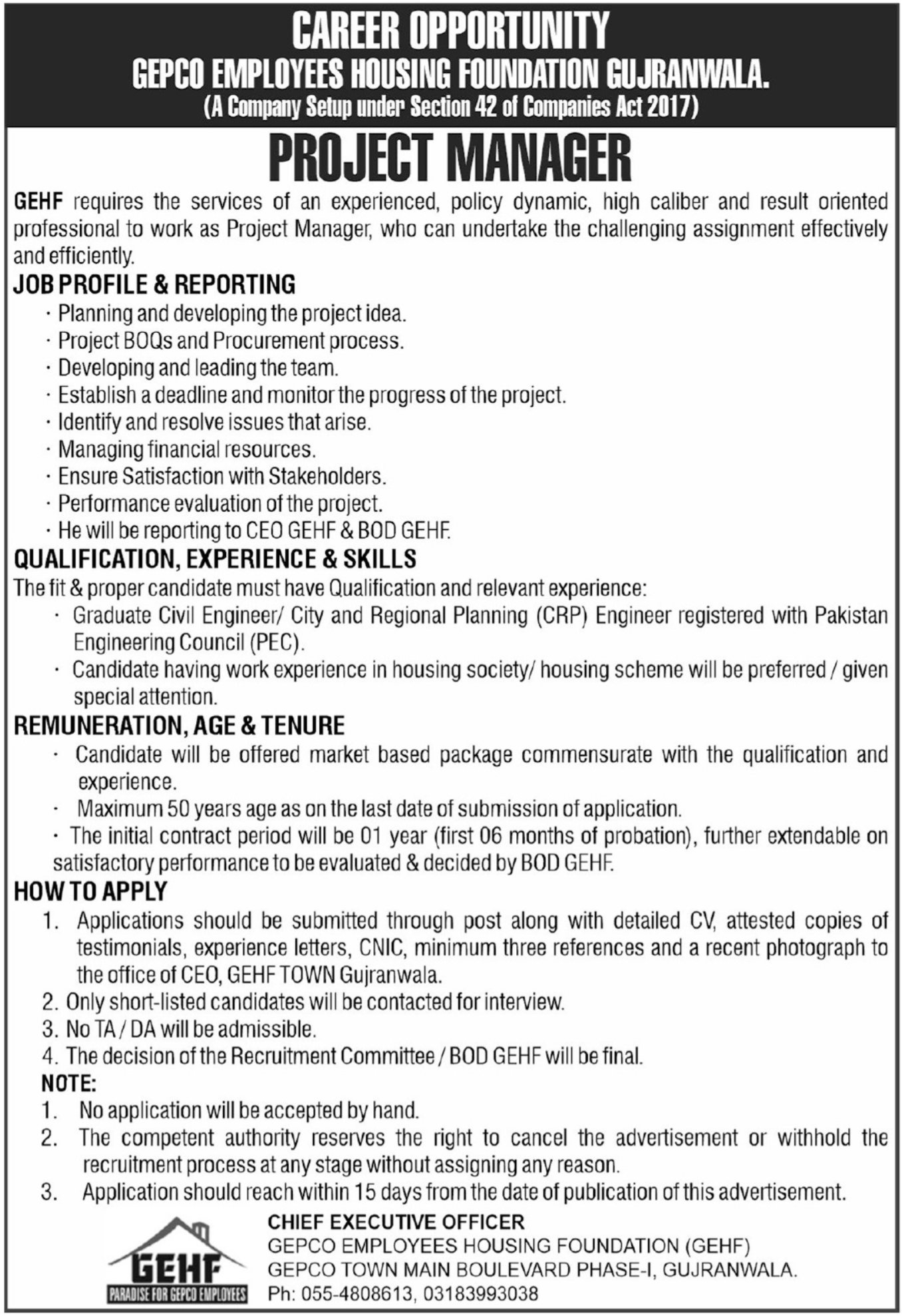 Latest GEPCO Employees Housing Foundation Management Posts Gujranwala 2025 