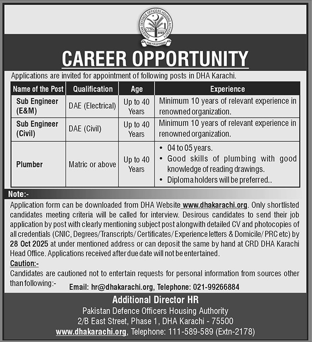 Latest Defence Housing Authority DHA Engineering Jobs Karachi 2025