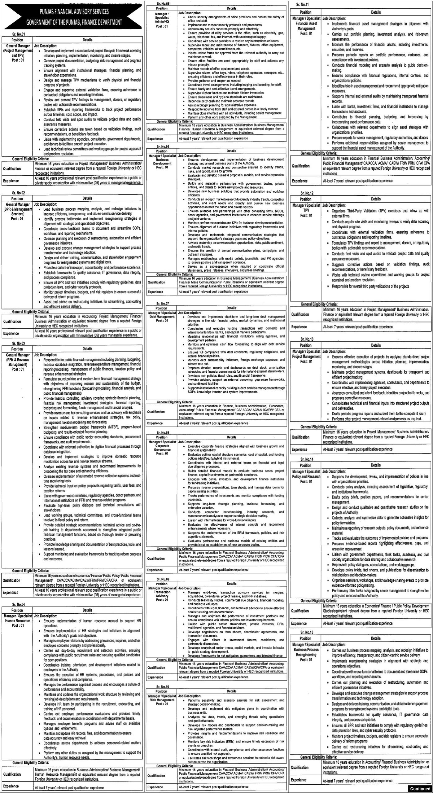 Latest Finance Department Management Jobs Lahore 2025