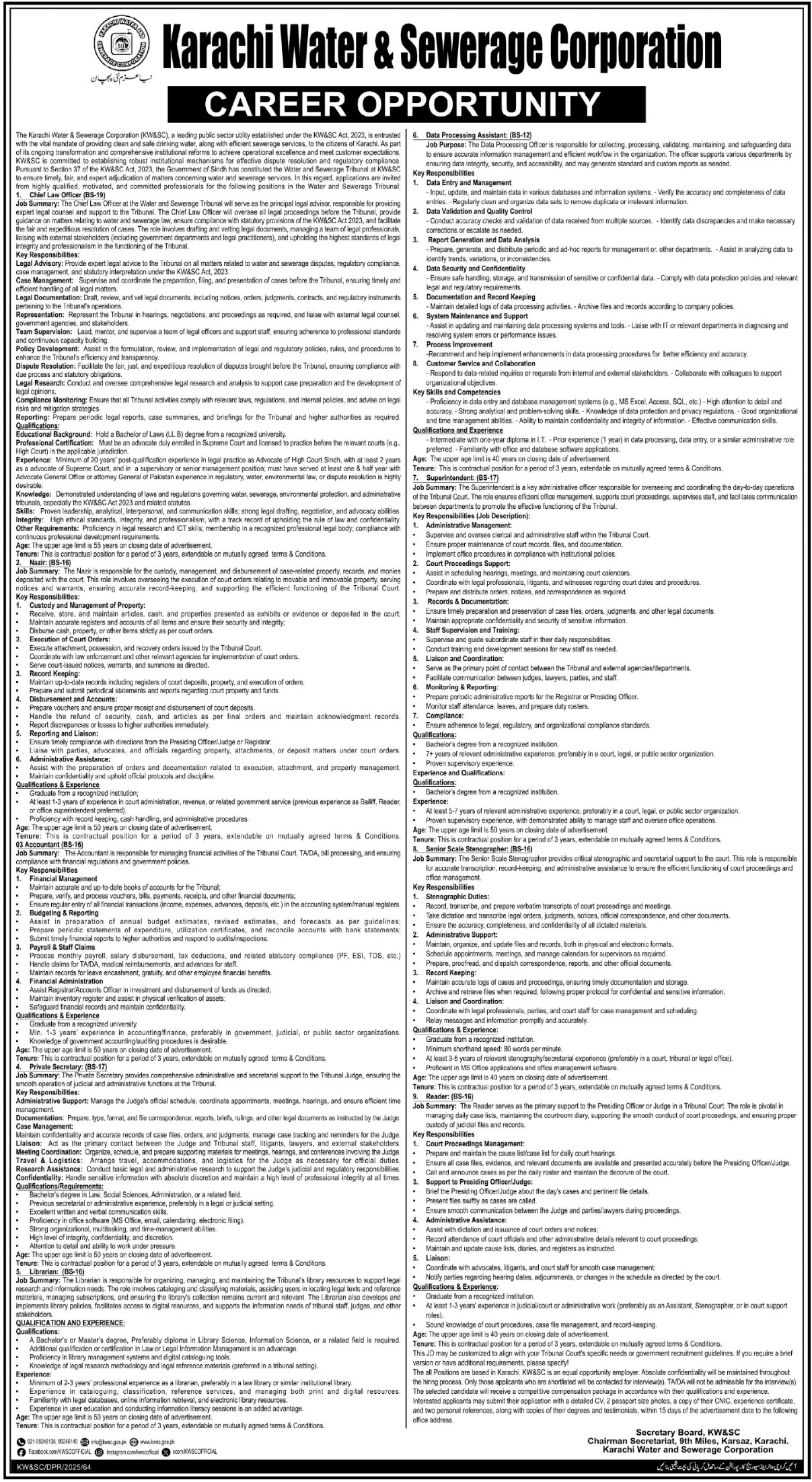 Latest Karachi Water & Sewerage Corporation KWSC Management Jobs Karachi 2025