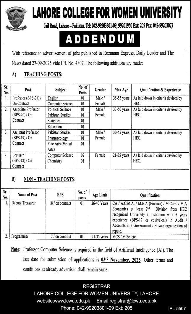Latest Lahore College For Women University LCWU Education Jobs Lahore 2025