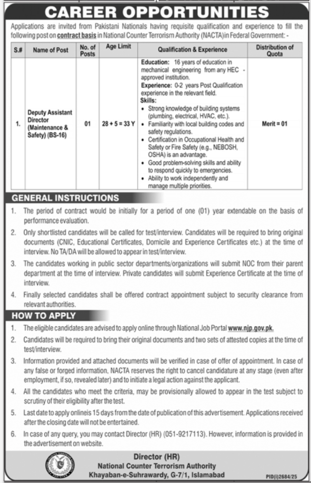 Latest National Counter Terrorism Authority NACTA Management Posts Islamabad 2025