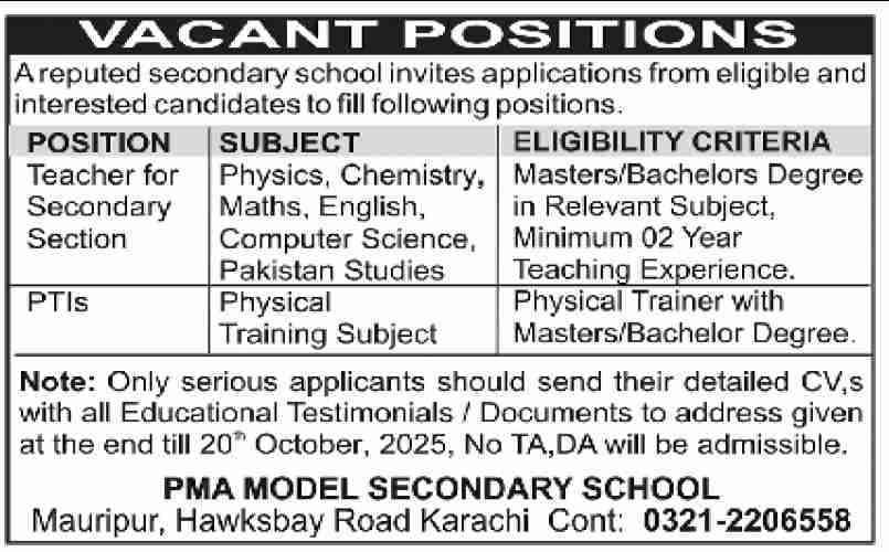 Latest PMA Model Secondary School Education Jobs Karachi 2025