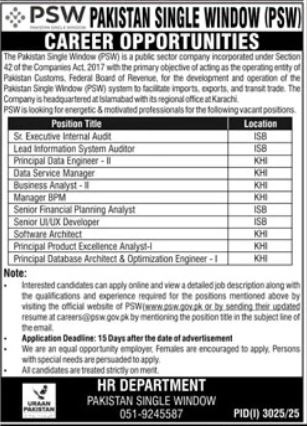 Latest Pakistan Single Window PSW Management Jobs Islamabad 2025