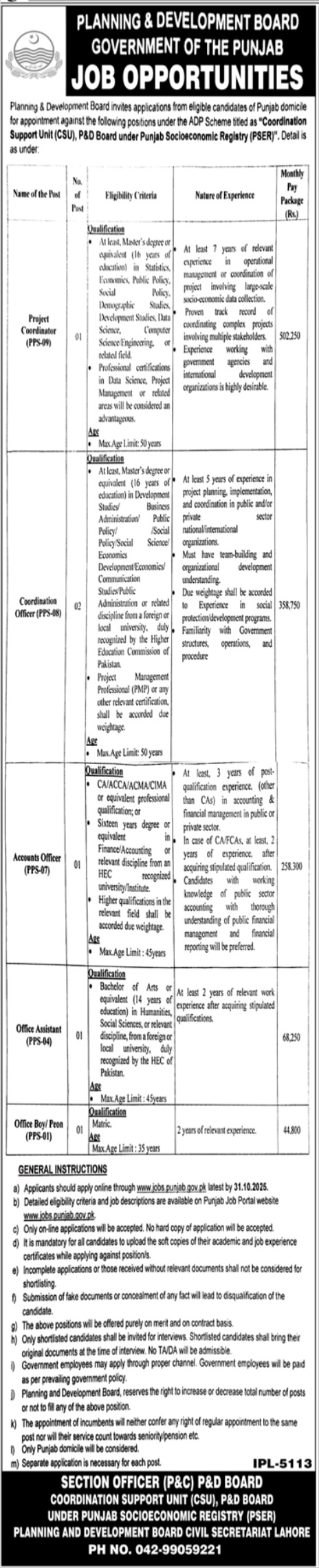Latest Planning & Development Board Management Job Lahore 2025