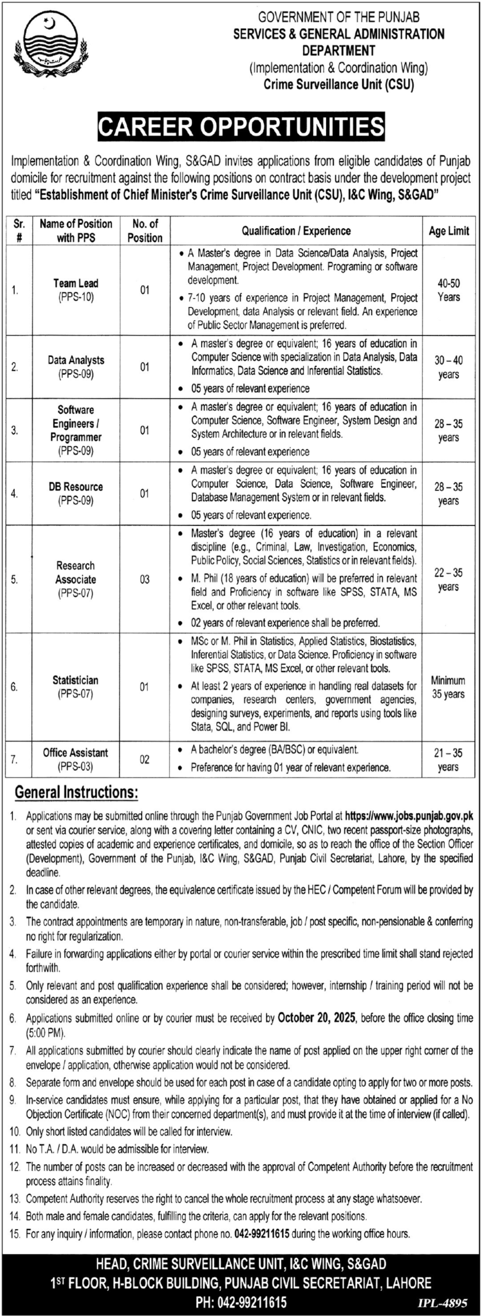 Latest Services & General Administration Department Management Posts Lahore 2025