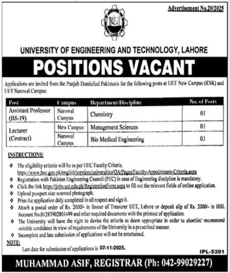 Latest University of Engineering and Technology UET Teaching Jobs Lahore 2025