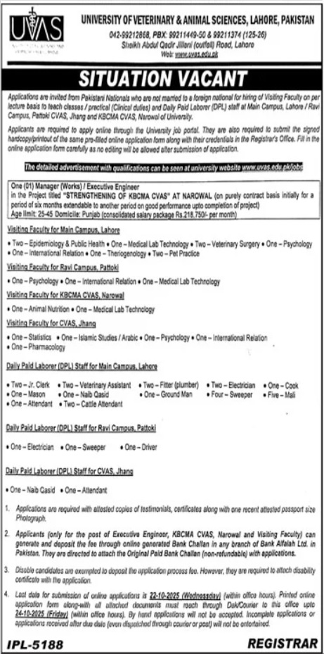 Latest University of Veterinary and Animal Sciences UVAS Jobs Lahore 2025