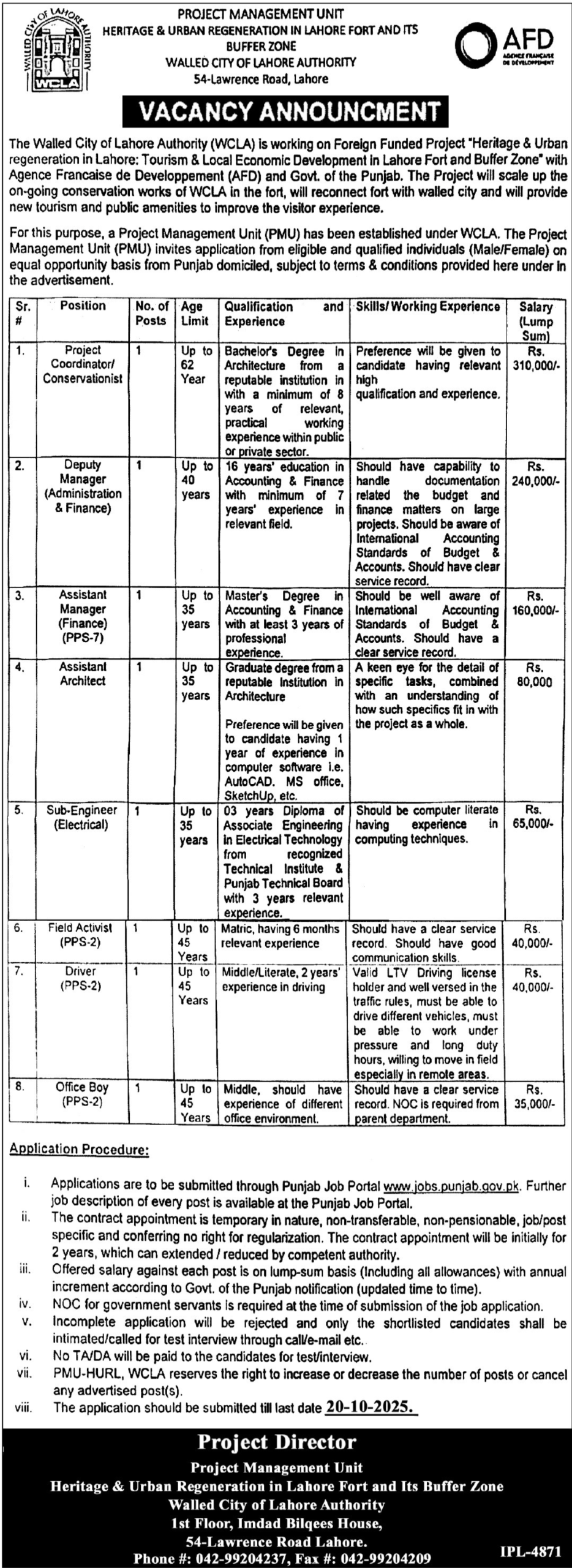 Latest Walled City of Lahore Authority Management Posts Lahore 2025