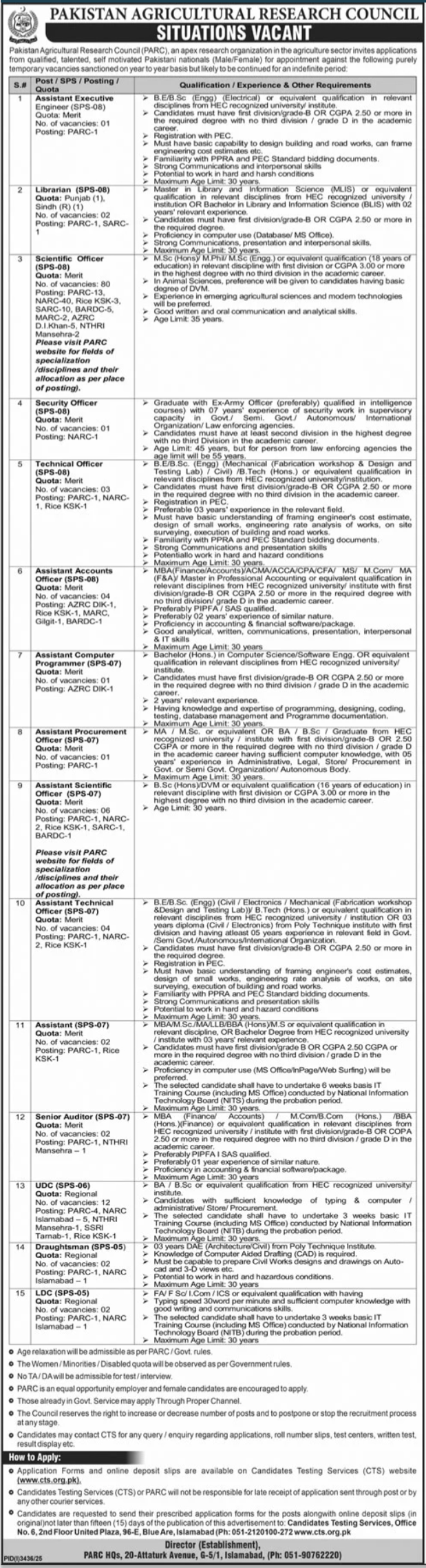 Pakistan Agricultural Research Council (PARC) Jobs October 2025