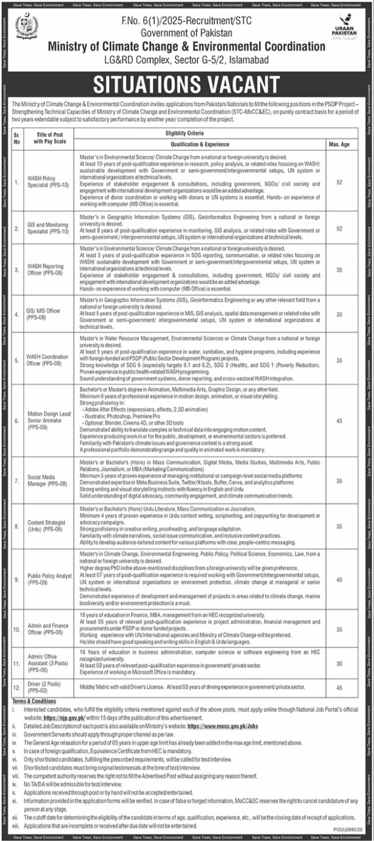 The Ministry of Climate Change Islamabad Job of September 2025