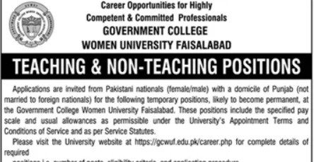 Government College Women University Faisalabad GCWUF Jobs 2025