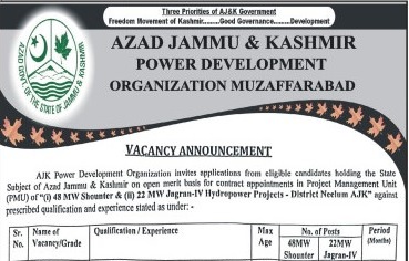 Latest AJK Power Development Organization Jobs Muzaffarabad 2025