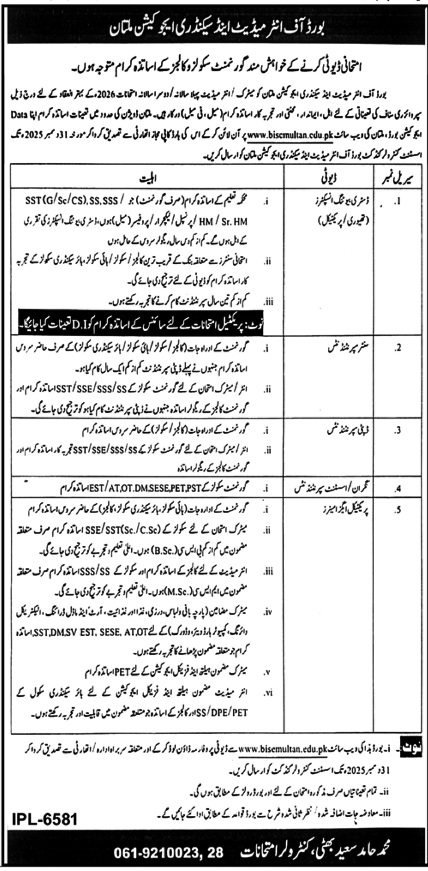 Latest Board of Intermediate and Secondary Education BISE Jobs Multan 2025