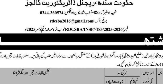 Latest College Education Department Jobs Nawabshah 2025