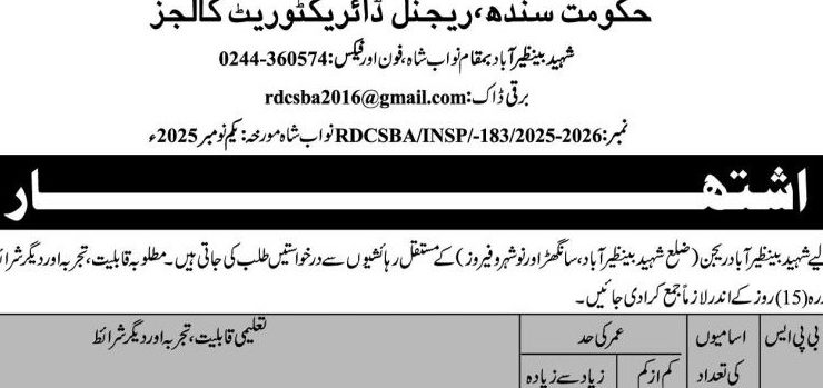Latest College Education Department Jobs Nawabshah 2025
