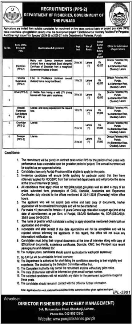Latest Department of Fisheries Jobs Lahore 2025