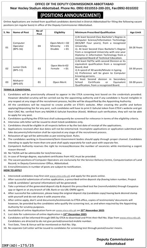 Latest Deputy Commissioner Office Jobs Abbottabad 2025